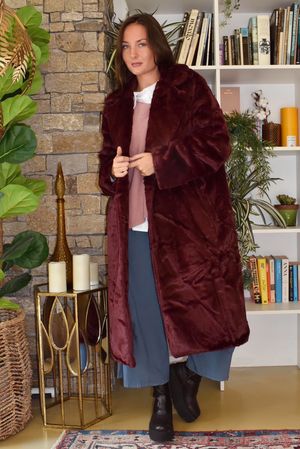 Mara Luxury Faux Fur Long Coat Burgundy 